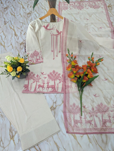 Off White Pink Printed Khadi Cotton Farshi Suit Set