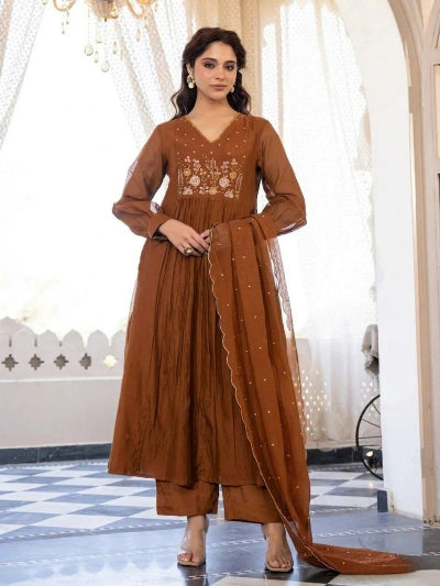Plus Size Brown Embroidered Anarkali Suit Set