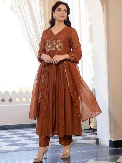 Plus Size Brown Embroidered Anarkali Suit Set