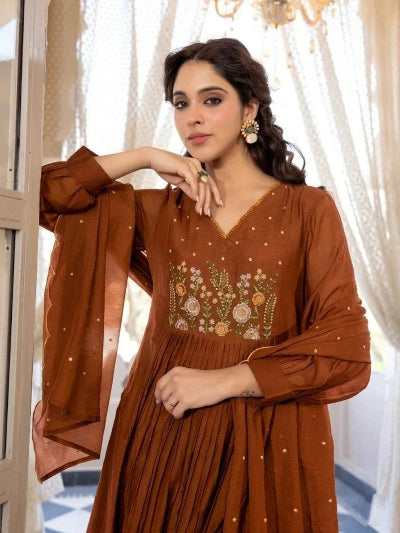 Plus Size Brown Embroidered Anarkali Suit Set