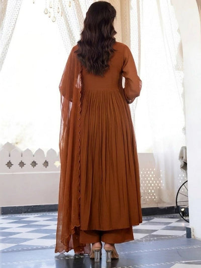 Plus Size Brown Embroidered Anarkali Suit Set