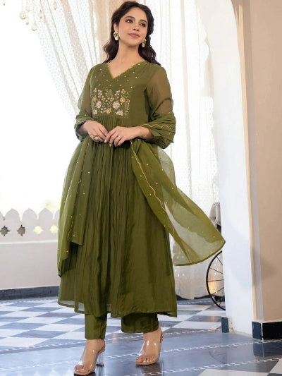 Plus Size Olive Green Embroidered Anarkali Suit Set
