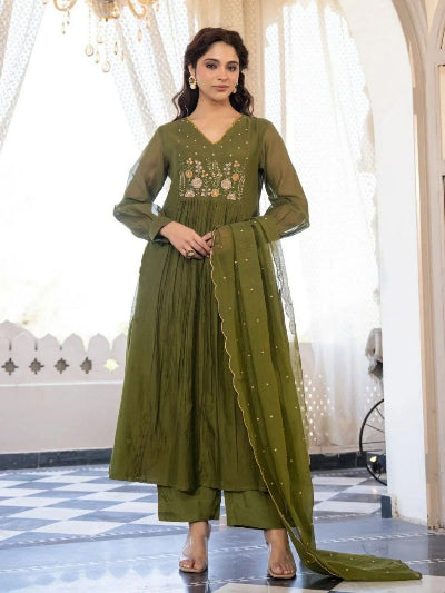 Plus Size Olive Green Embroidered Anarkali Suit Set