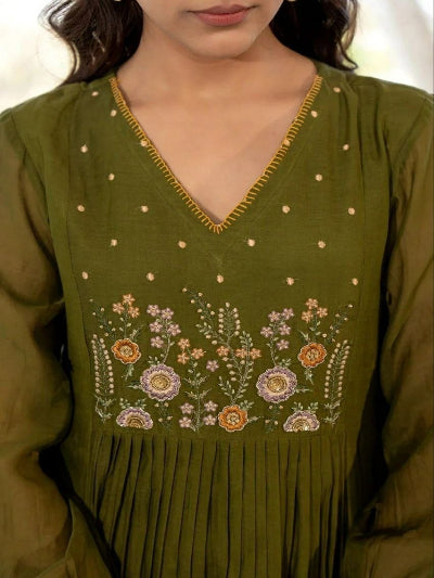 Plus Size Olive Green Embroidered Anarkali Suit Set
