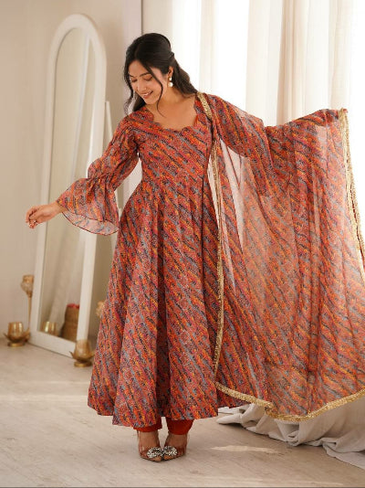 Multicolour Organza Printed Anarkali Suit Set