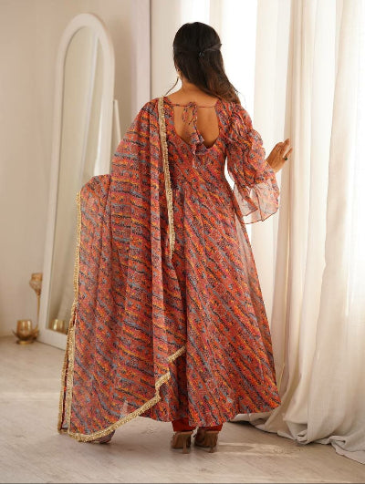Multicolour Organza Printed Anarkali Suit Set