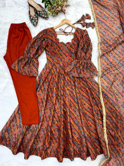 Multicolour Organza Printed Anarkali Suit Set