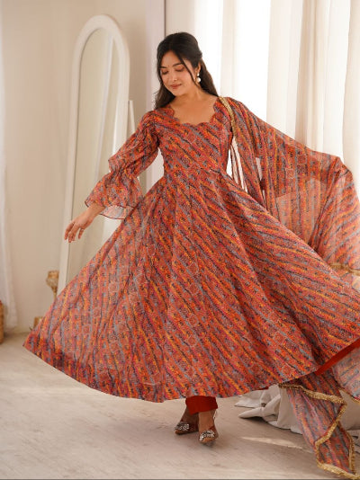 Multicolour Organza Printed Anarkali Suit Set