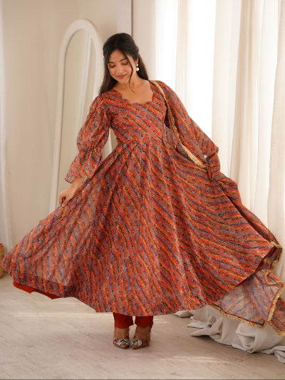 Multicolour Organza Printed Anarkali Suit Set