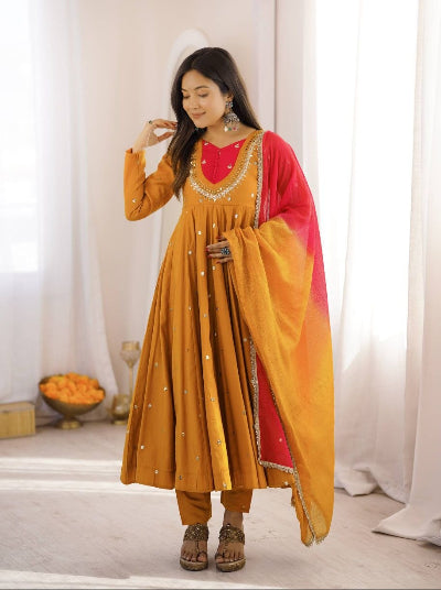 Mustard Yellow Anarkali Suit with Mirror Work