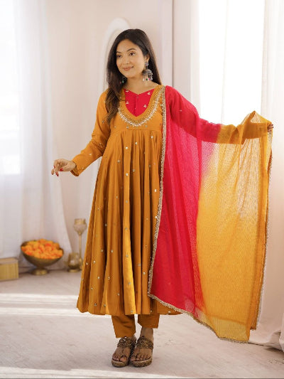 Mustard Yellow Anarkali Suit with Mirror Work