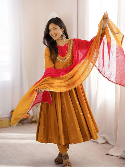 Mustard Yellow Anarkali Suit with Mirror Work