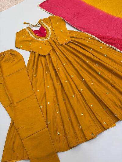 Mustard Yellow Anarkali Suit with Mirror Work