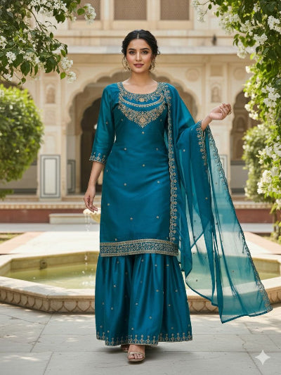 Teal Blue Fendi Silk Embroidery Sharara Suit Set