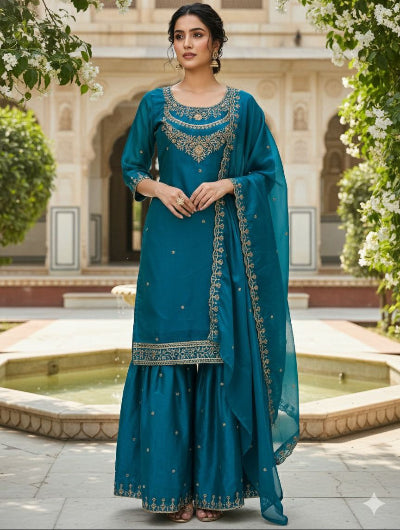 Teal Blue Fendi Silk Embroidery Sharara Suit Set