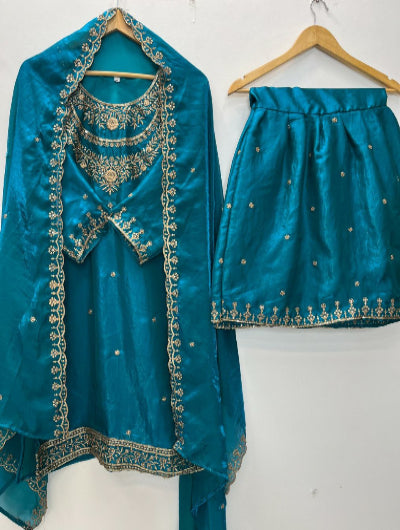 Teal Blue Fendi Silk Embroidery Sharara Suit Set