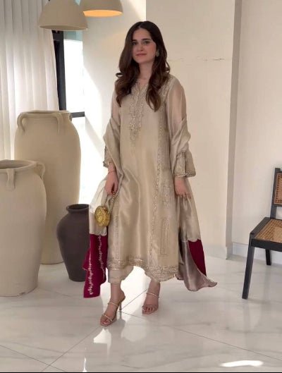 Royal Gold Tissue Silk Embroidery Work Straight Suit - BONYHUBSALWAR KAMEEZ