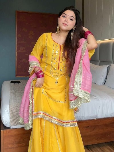 Haldi Yellow Organza Silk Embroidered Sharara Suit - BONYHUBSALWAR KAMEEZ