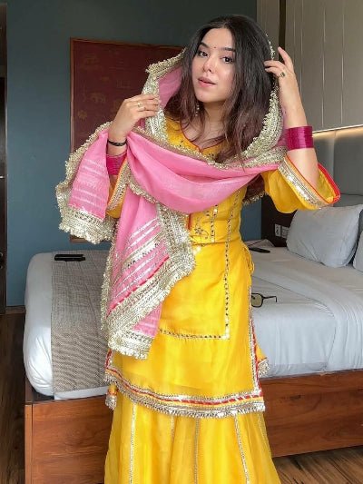 Haldi Yellow Organza Silk Embroidered Sharara Suit - BONYHUBSALWAR KAMEEZ