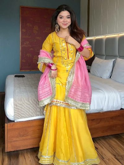 Haldi Yellow Organza Silk Embroidered Sharara Suit - BONYHUBSALWAR KAMEEZ