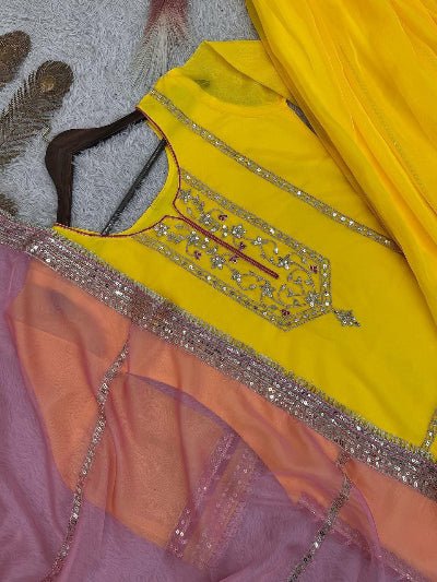 Haldi Yellow Organza Silk Embroidered Sharara Suit - BONYHUBSALWAR KAMEEZ
