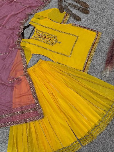 Haldi Yellow Organza Silk Embroidered Sharara Suit - BONYHUBSALWAR KAMEEZ