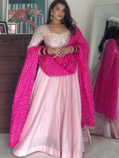 Pink Crepe Silk Sequence Anarkali Suit with Bandhani Dupatta