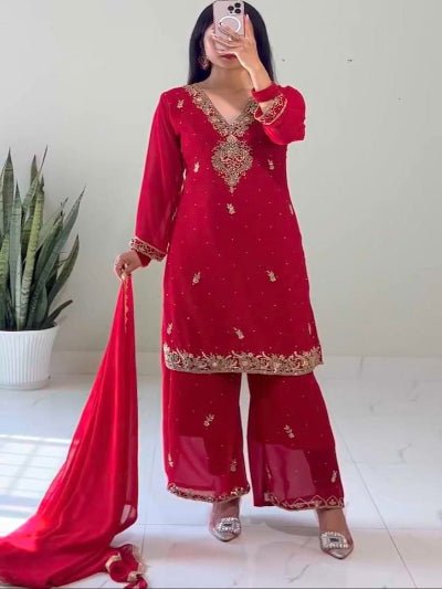 Red Georgette Embroidered Kurti Palazzo Dupatta Set - BONYHUBSALWAR KAMEEZ