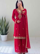 Red Georgette Embroidered Kurti Palazzo Dupatta Set - BONYHUBSALWAR KAMEEZ