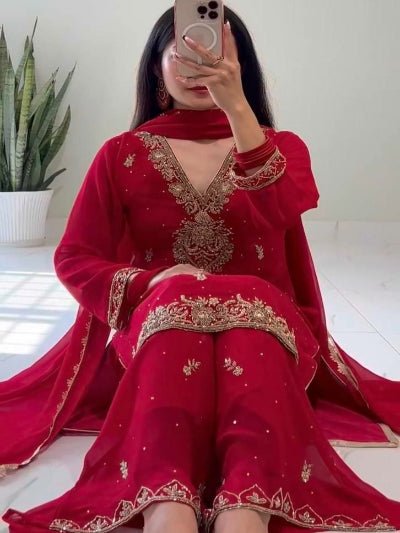 Red Georgette Embroidered Kurti Palazzo Dupatta Set - BONYHUBSALWAR KAMEEZ