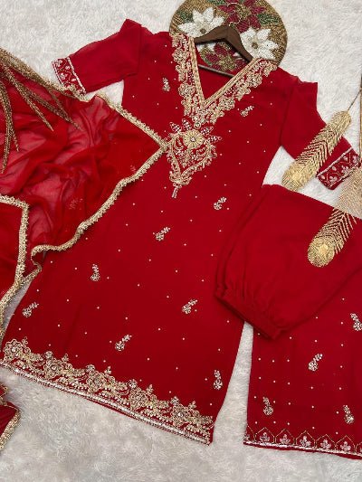 Red Georgette Embroidered Kurti Palazzo Dupatta Set - BONYHUBSALWAR KAMEEZ