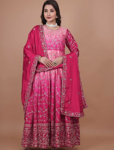 Pink Elegant Pure Chinon Silk Gown with Dupatta Set Of 2 - BONYHUBSALWAR KAMEEZ