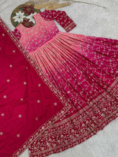 Pink Elegant Pure Chinon Silk Gown with Dupatta Set Of 2 - BONYHUBSALWAR KAMEEZ