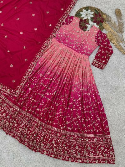 Pink Elegant Pure Chinon Silk Gown with Dupatta Set Of 2 - BONYHUBSALWAR KAMEEZ