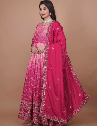 Pink Elegant Pure Chinon Silk Gown with Dupatta Set Of 2 - BONYHUBSALWAR KAMEEZ