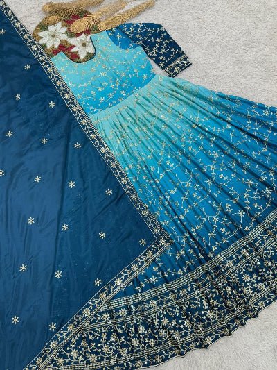 Blue Elegant Pure Chinon Silk Gown with Dupatta Set Of 2 - BONYHUBSALWAR KAMEEZ