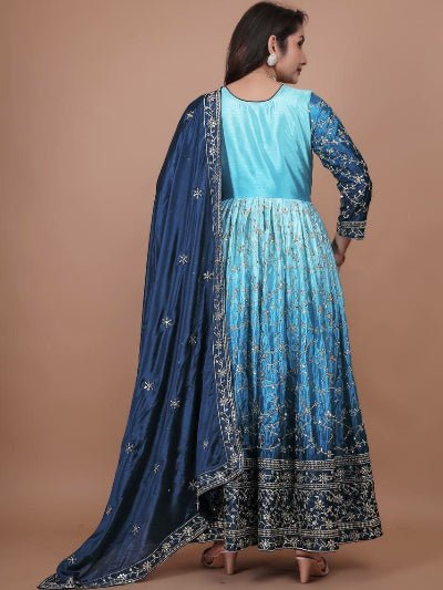 Blue Elegant Pure Chinon Silk Gown with Dupatta Set Of 2 - BONYHUBSALWAR KAMEEZ