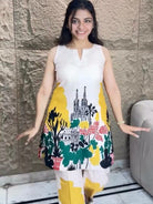 Yellow & White Digital Print Kurti Pant Set Of 2 - BONYHUBSALWAR KAMEEZ