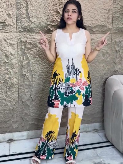 Yellow & White Digital Print Kurti Pant Set Of 2 - BONYHUBSALWAR KAMEEZ