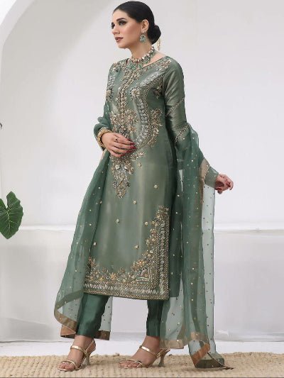 Seagreen Tissue Silk Embroidered Straight Suit Set - BONYHUBSALWAR KAMEEZ