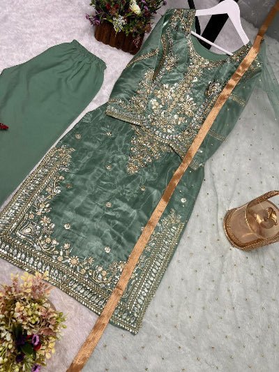 Seagreen Tissue Silk Embroidered Straight Suit Set - BONYHUBSALWAR KAMEEZ