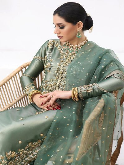 Seagreen Tissue Silk Embroidered Straight Suit Set - BONYHUBSALWAR KAMEEZ