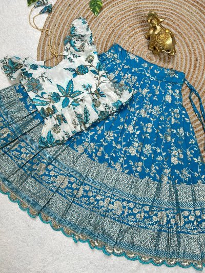 Blue & White Kids Zari Silk Lehenga Blouse Set - BONYHUBLehangas