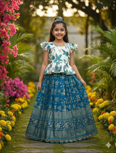 Blue & White Kids Zari Silk Lehenga Blouse Set - BONYHUBLehangas