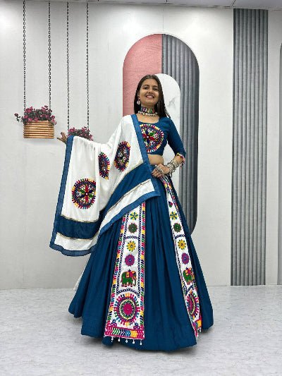 Teal Blue & White Gamathi Work Lehenga Choli Set - BONYHUBSALWAR KAMEEZ