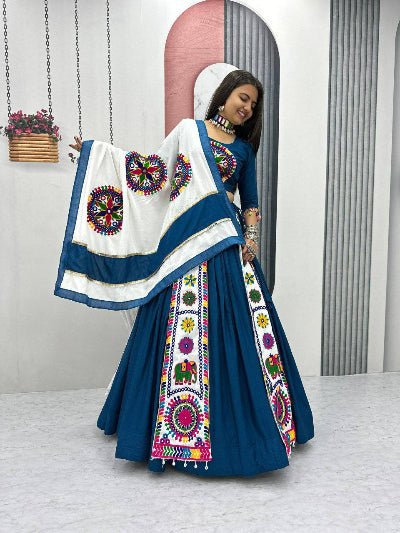 Teal Blue & White Gamathi Work Lehenga Choli Set - BONYHUBSALWAR KAMEEZ