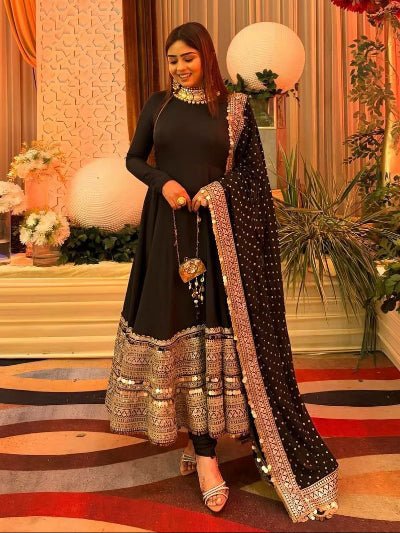 Black Roman Silk Gold Embroidery Anarkali Suit - BONYHUBSALWAR KAMEEZ