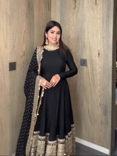 Black Roman Silk Gold Embroidery Anarkali Suit - BONYHUBSALWAR KAMEEZ