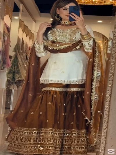 Cream & Bronze Gold Rich Embroidery Work Gharara Suit - BONYHUBSALWAR KAMEEZ