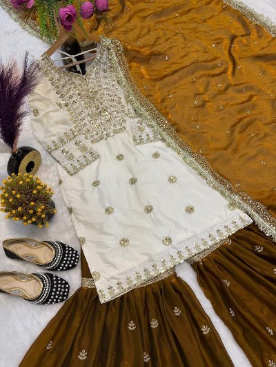 Cream & Bronze Gold Rich Embroidery Work Gharara Suit - BONYHUBSALWAR KAMEEZ